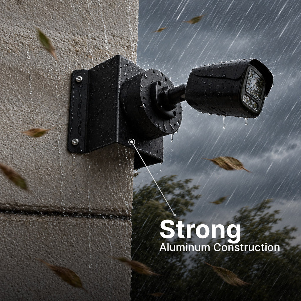 Rainy outdoor corner mount bracket with a fixed security camera attached to a concrete wall