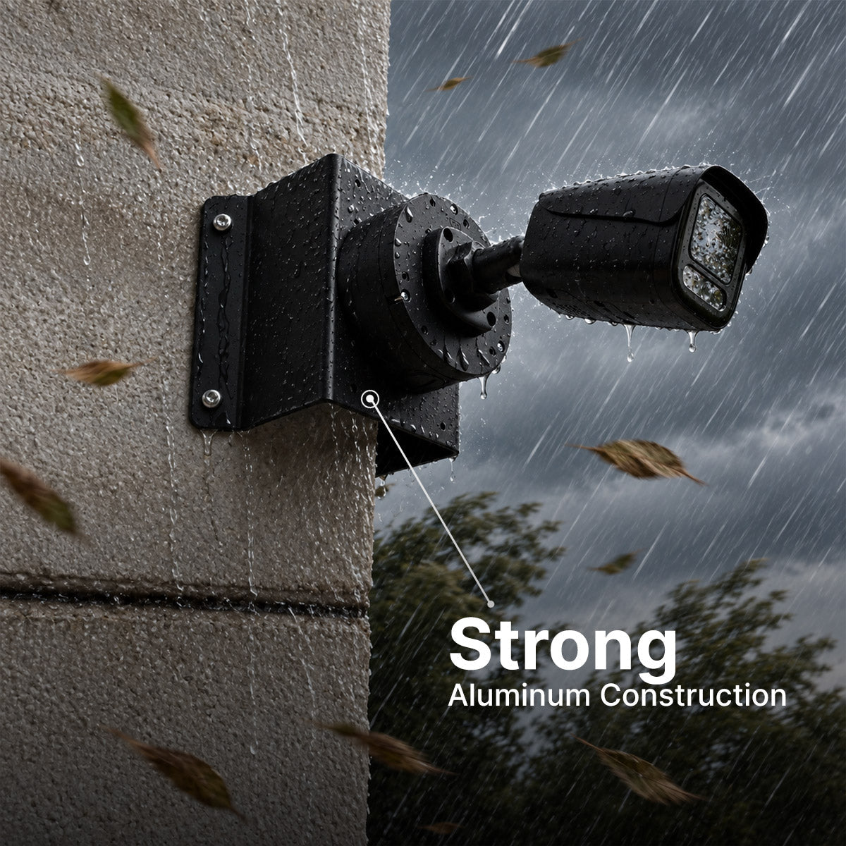 Rainy outdoor corner mount bracket with a fixed security camera attached to a concrete wall
