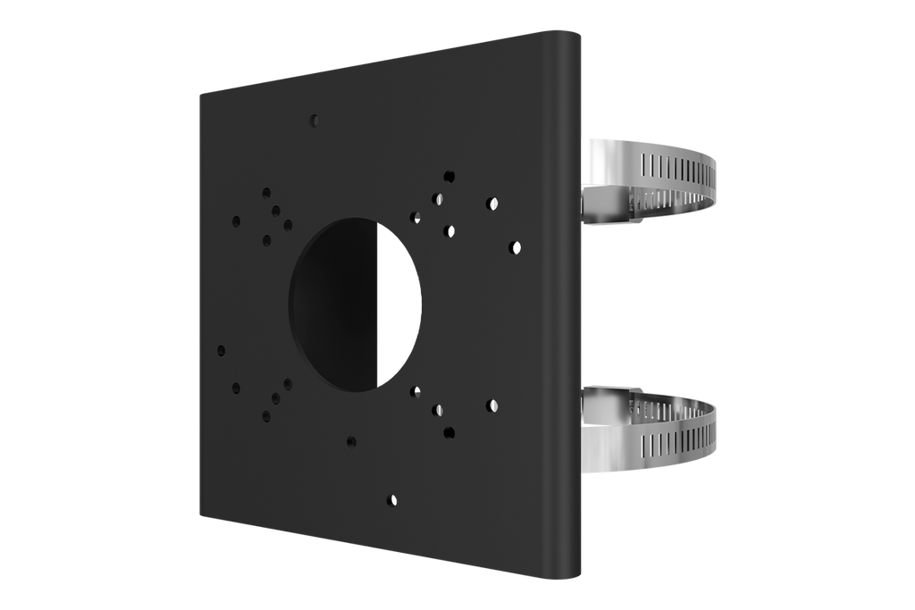 Black metal pole mount bracket with a large central circular opening and multiple mounting holes for cameras.