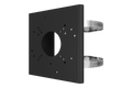 Black metal pole mount bracket with a large central circular opening and multiple mounting holes for cameras.