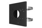Black metal pole mount bracket with a large central circular opening and multiple mounting holes for cameras.