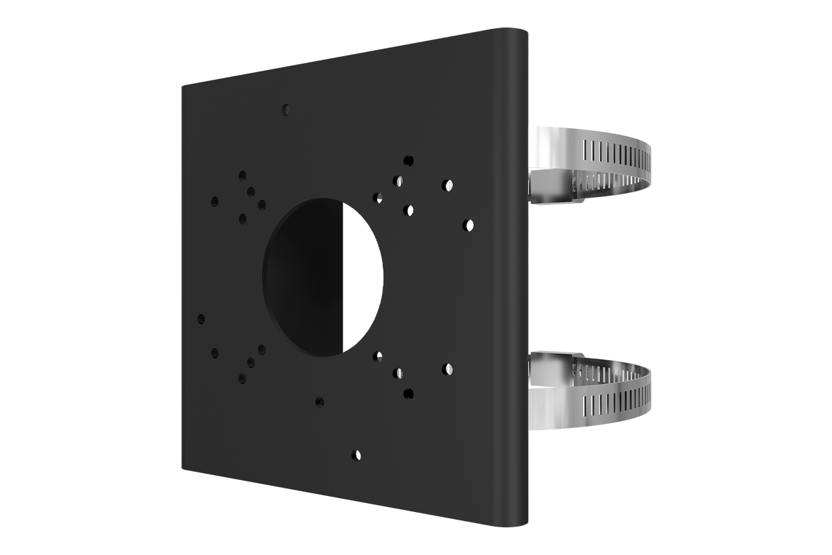 Black metal pole mount bracket with a large central circular opening and multiple mounting holes for cameras.