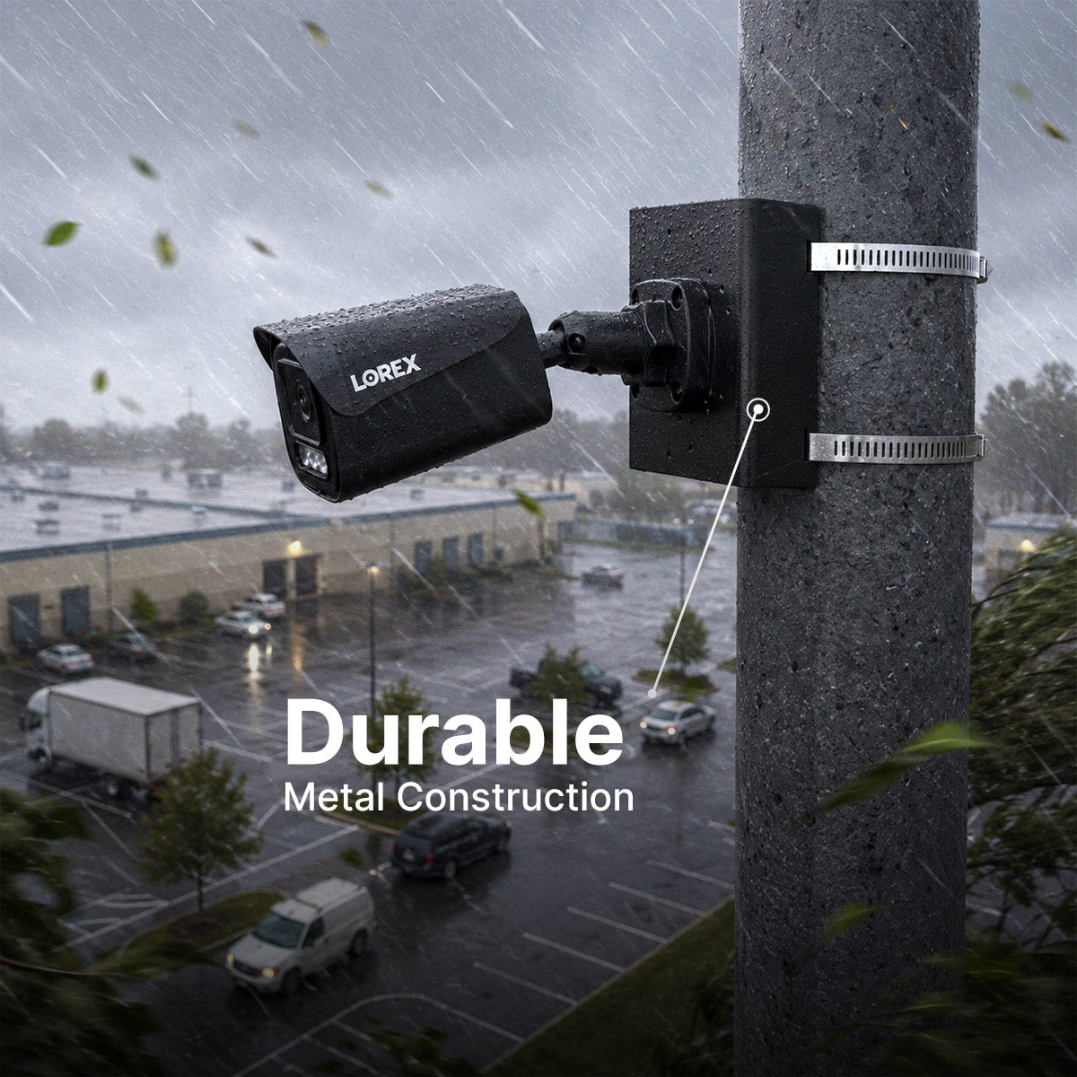 Outdoor security camera on a rain soaked pole secured with metal bands highlighting durable metal construction.