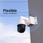 PTZ surveillance camera mounted on a white corner bracket for outdoor use