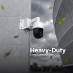 PTZ surveillance camera on a heavy duty steel corner mount in the rain