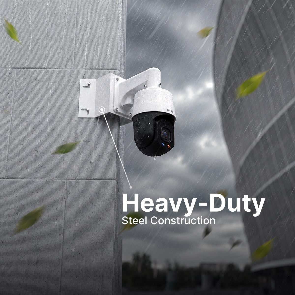 PTZ surveillance camera on a heavy duty steel corner mount in the rain