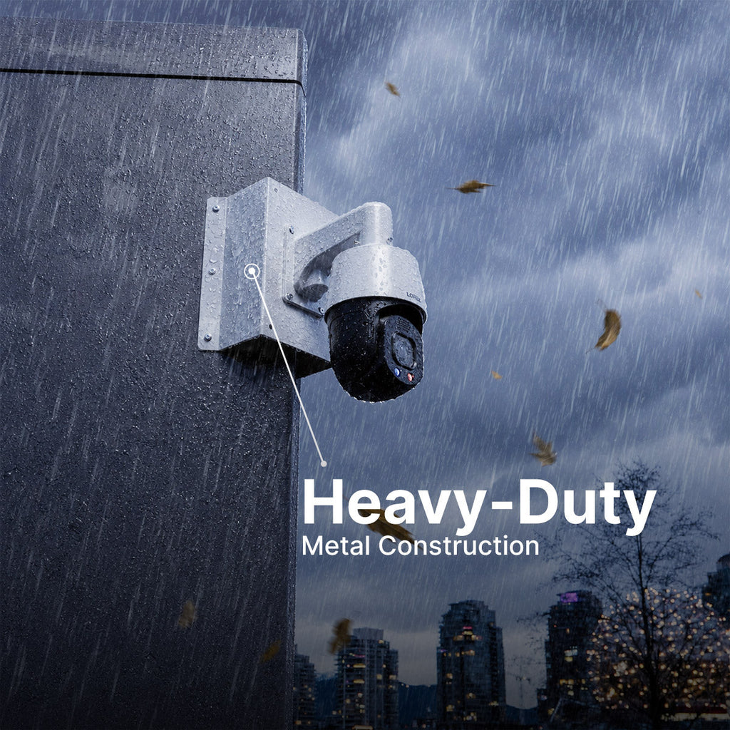 Heavy-duty metal corner mount with a surveillance camera installed on a rain-soaked exterior wall
