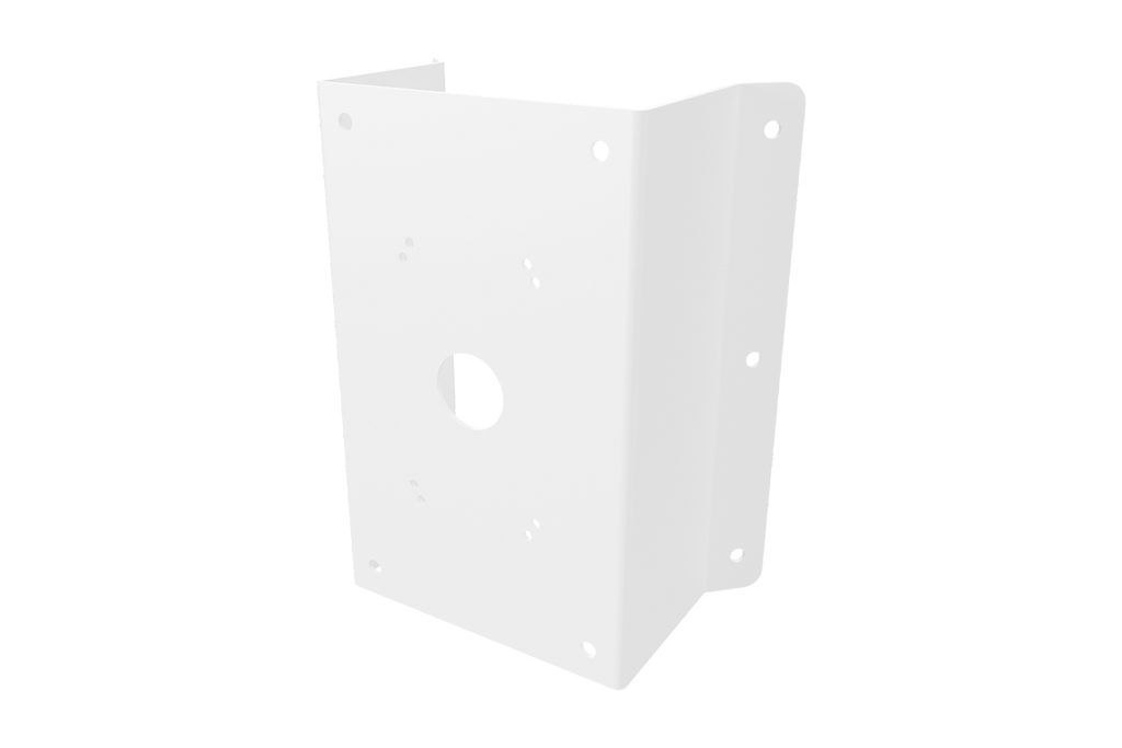 White metal corner mount bracket for PTZ cameras with a central circular opening and multiple screw holes