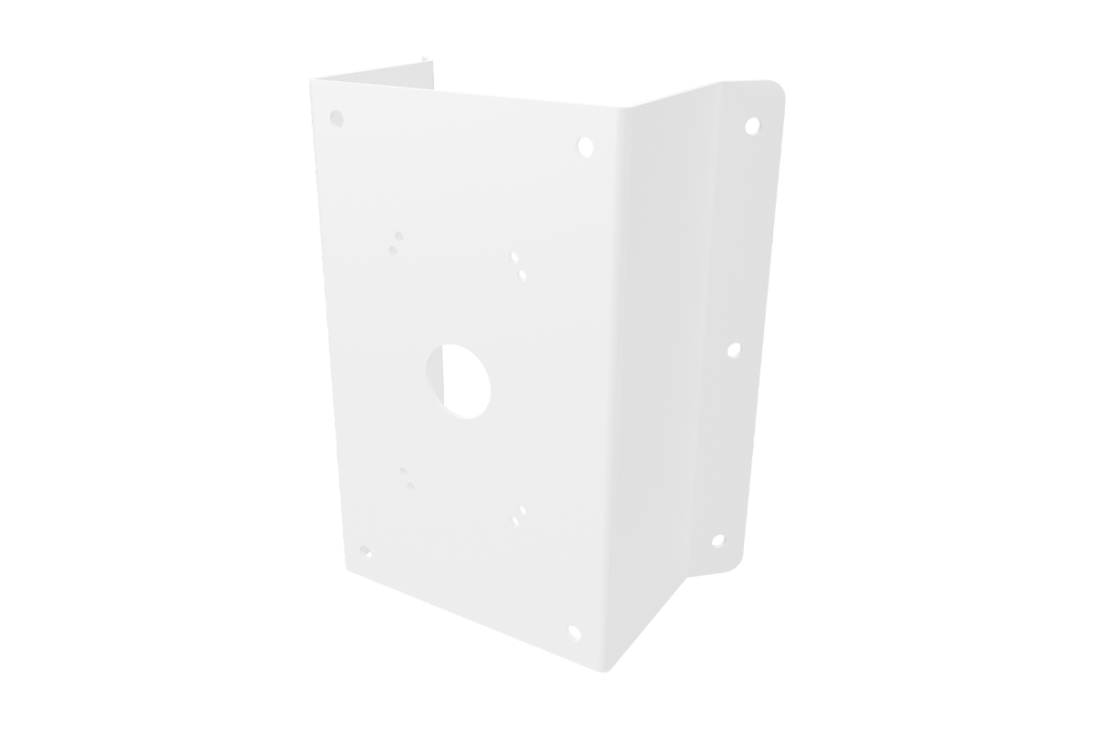 White metal corner mount bracket for PTZ cameras with a central circular opening and multiple screw holes