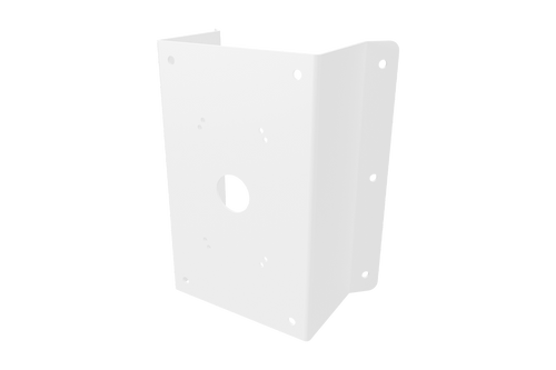 White metal corner mount bracket for PTZ cameras with a central circular opening and multiple screw holes