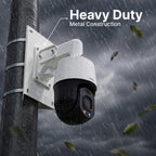 PTZ camera mounted on a heavy duty metal pole bracket in rainy weather