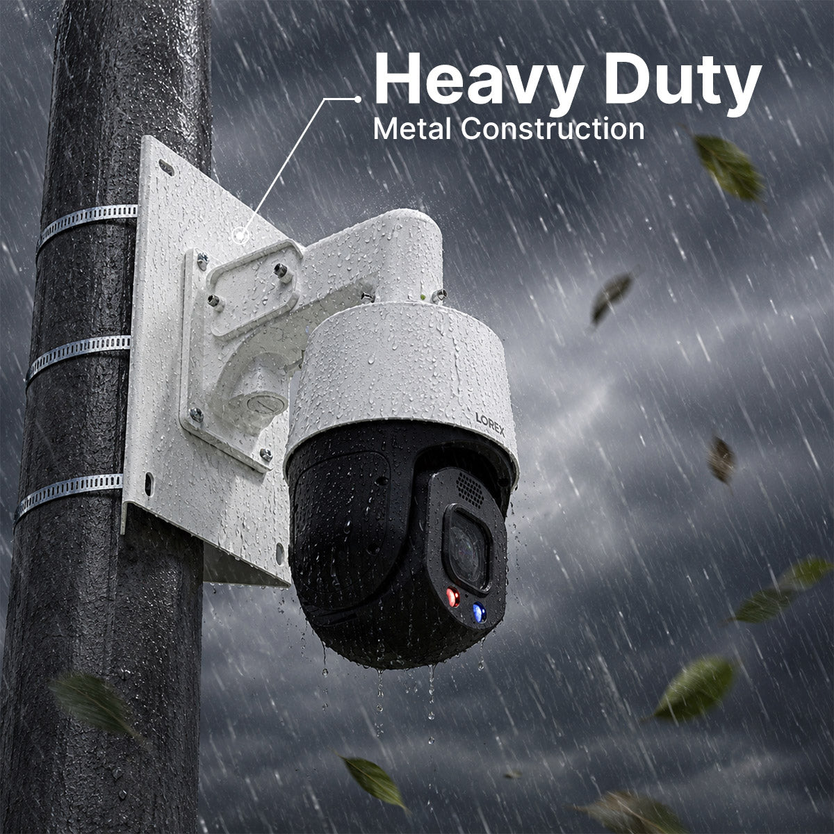 PTZ camera mounted on a heavy duty metal pole bracket in rainy weather