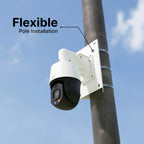 PTZ security camera mounted on a white pole bracket secured with straps against a blue sky