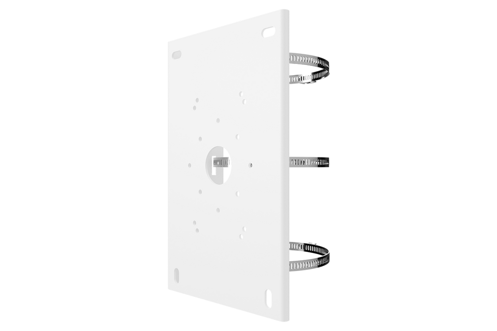 Pole mount bracket for PTZ camera attached to a white mounting plate
