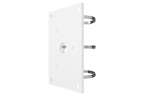 Pole mount bracket for PTZ camera attached to a white mounting plate