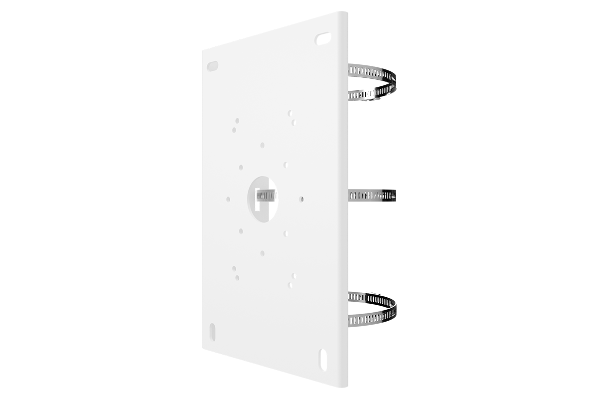 Pole mount bracket for PTZ camera attached to a white mounting plate