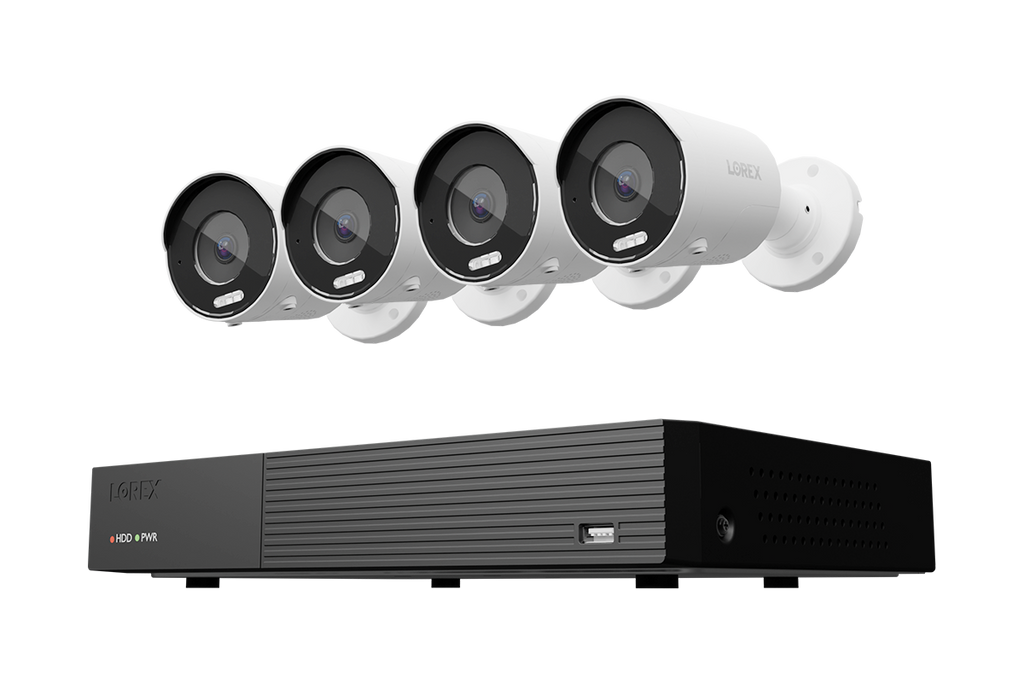 Lorex Connect 4K 8 camera capable 1TB wired NVR system with 4K IP bullet security cameras, 4-camera option