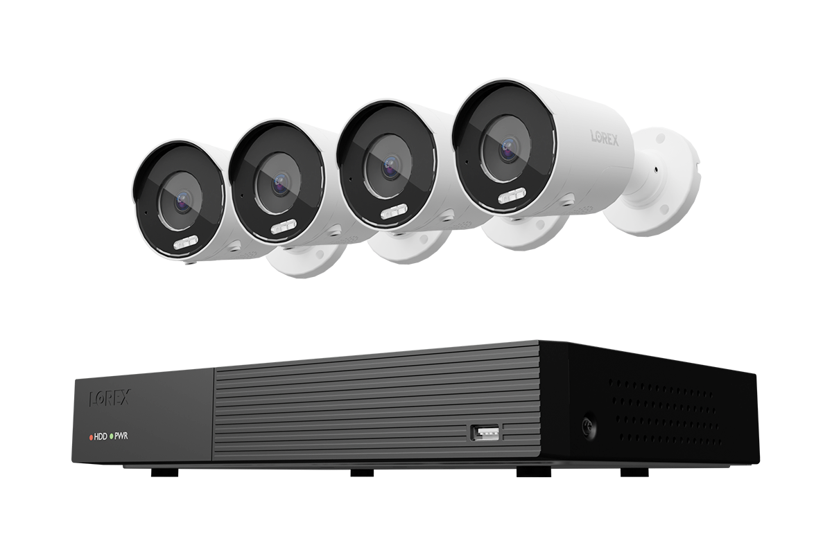Lorex Connect 4K 8 camera capable 1TB wired NVR system with 4K IP bullet security cameras, 4-camera option