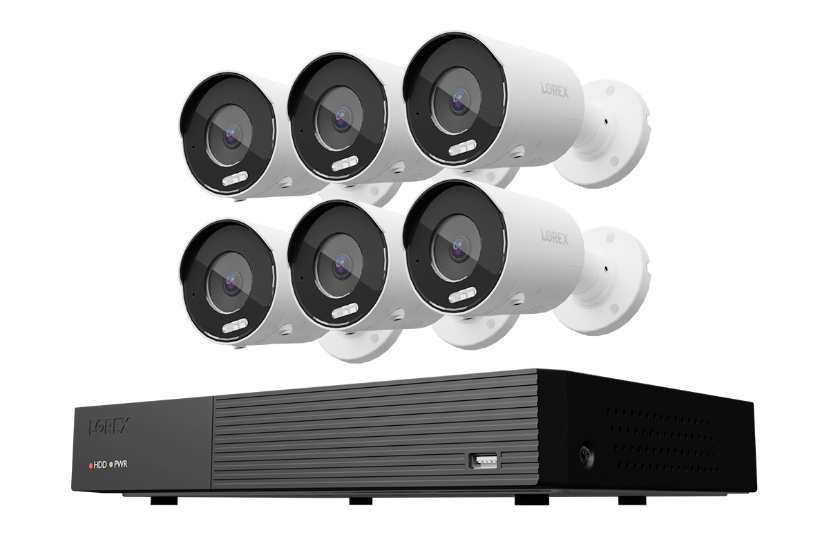 Lorex Connect 4K 8 camera capable 1TB wired NVR system with 4K IP bullet security cameras, 6-camera option