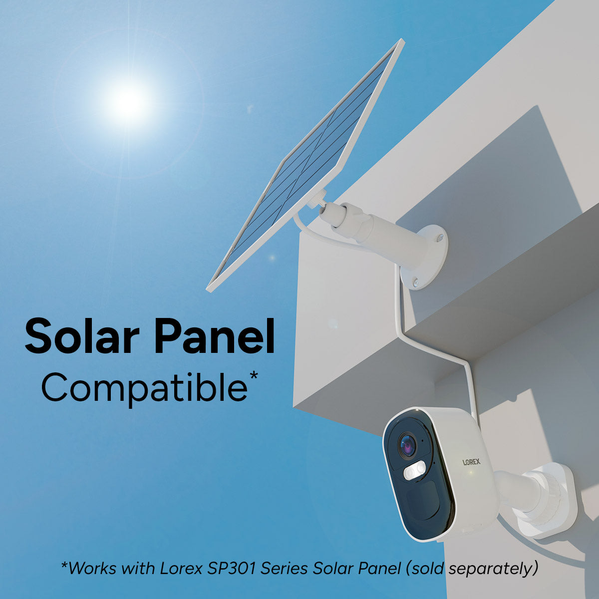 Solar panel compatible with a security camera on a clear blue sky background
