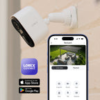 Lorex security camera and Lorex Connect app on a light background