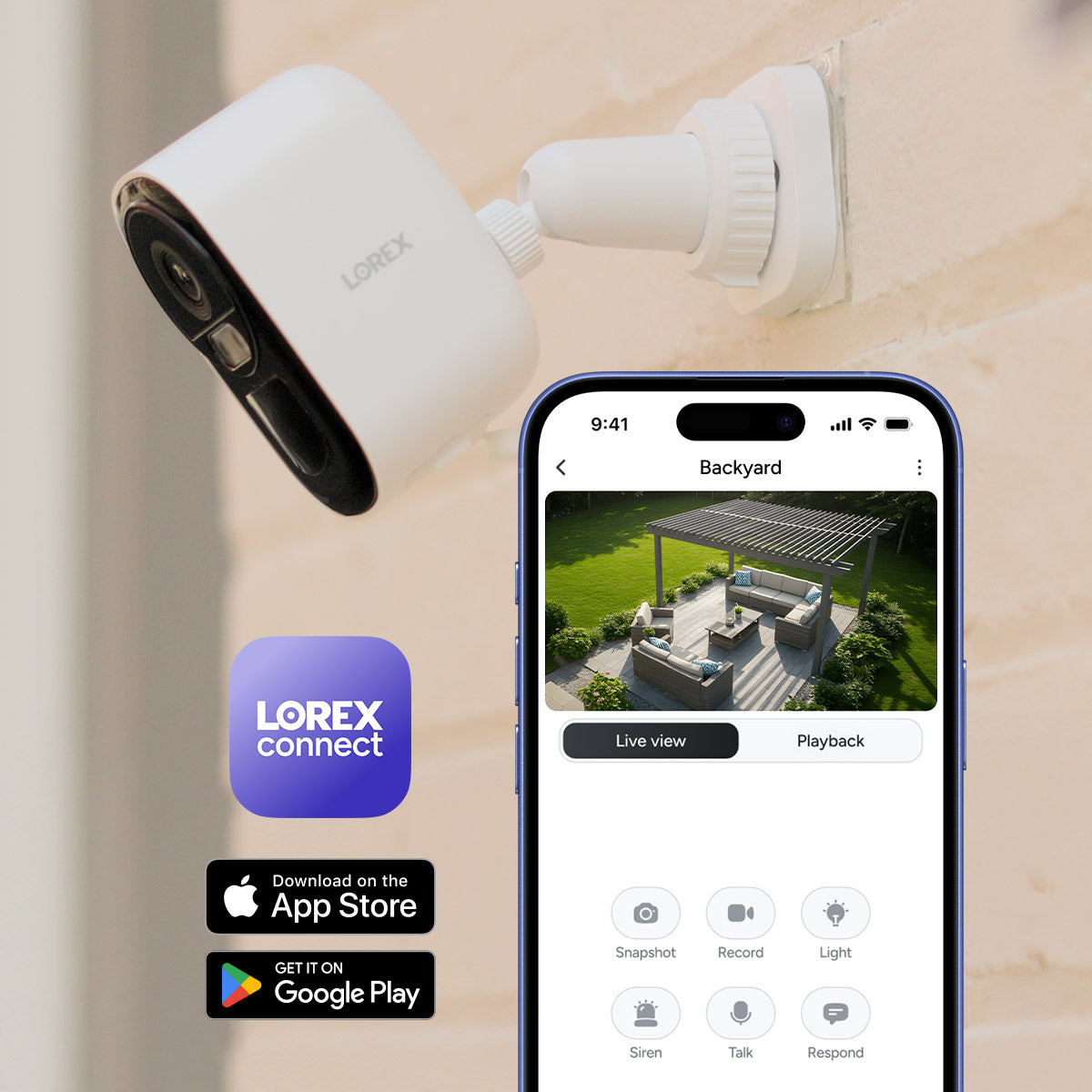 Lorex security camera and Lorex Connect app on a light background