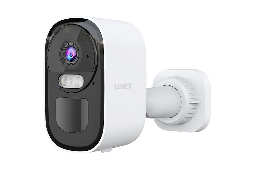 White Lorex 2K Wi-Fi battery powered security camera with compact rounded body and mounting arm