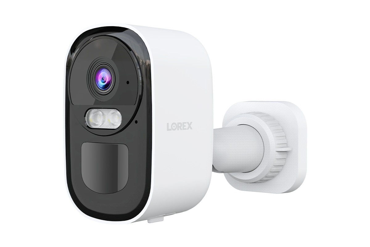 White Lorex 2K Wi-Fi battery powered security camera with compact rounded body and mounting arm