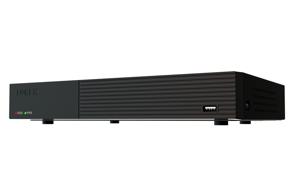 Front view of Lorex Connect TC 4K 8-channel DVR with HDD and PWR LEDs on a shelf