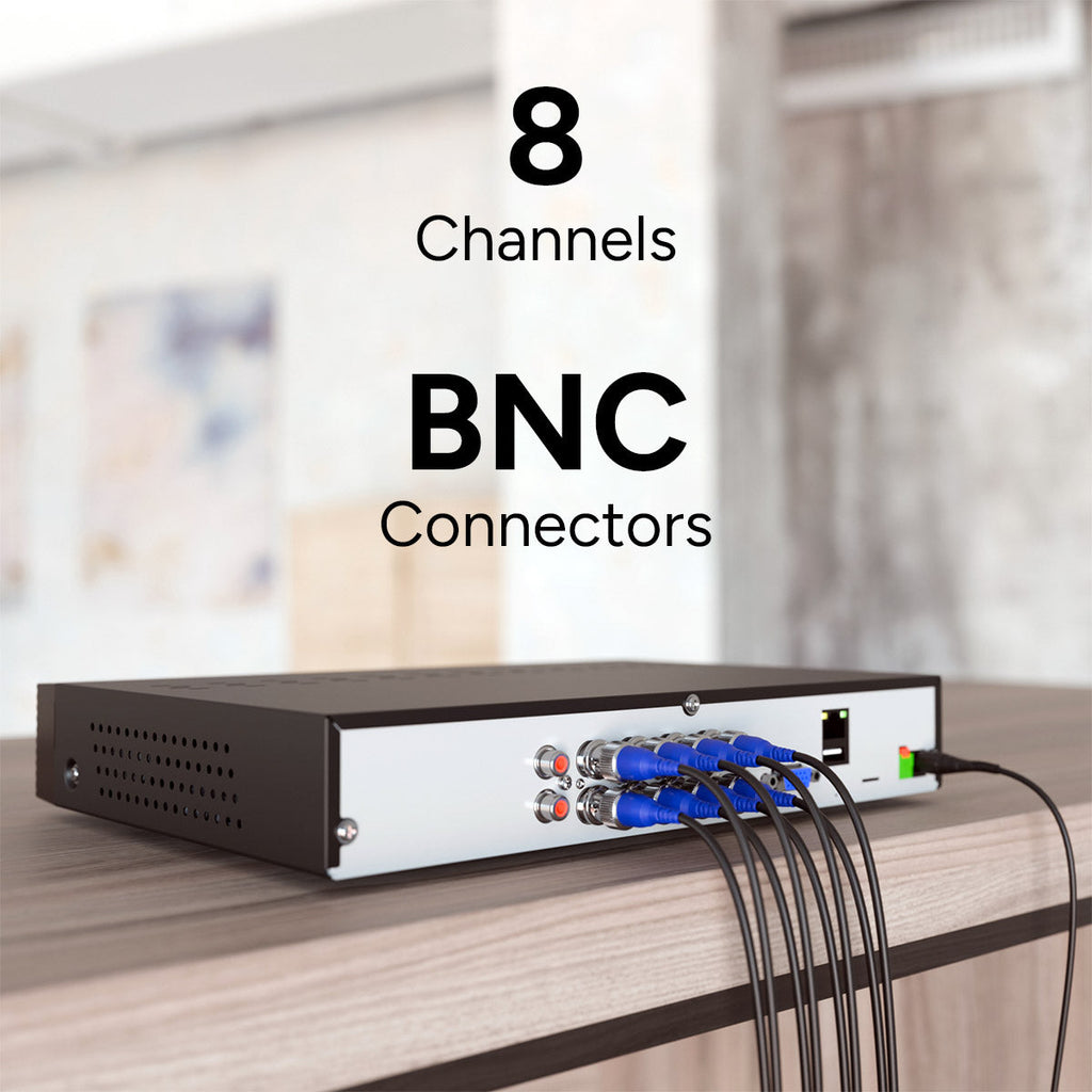 Lorex DVR rear panel showing eight BNC video connectors and a USB port