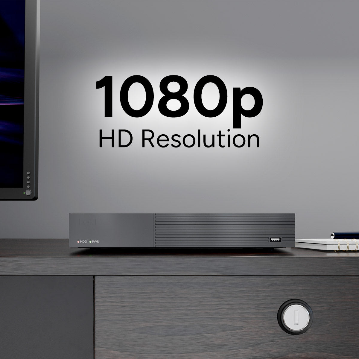 Lorex 1080p DVR system on a desk with a monitor nearby and 1080p HD Resolution text overlay