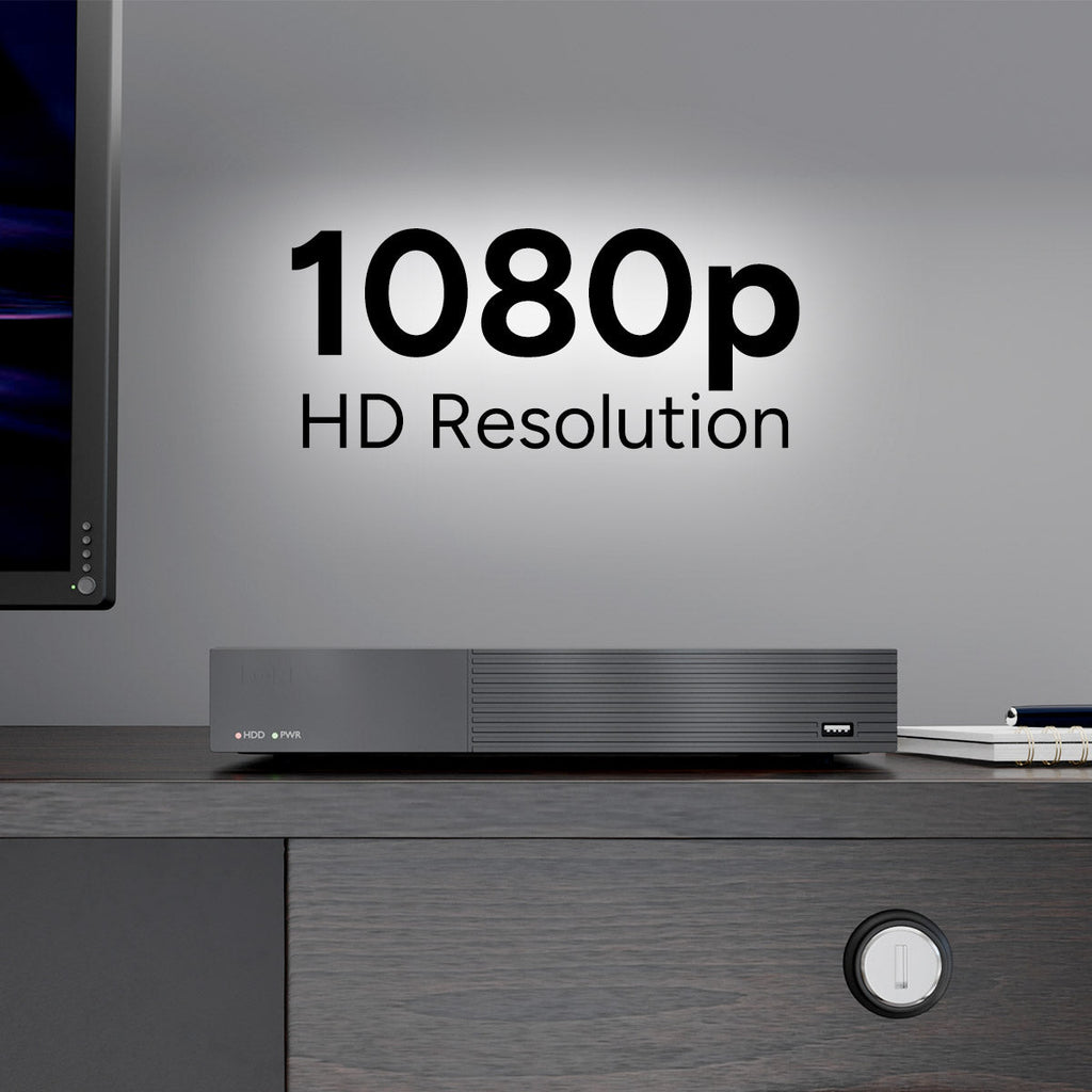 Lorex 1080p DVR system on a desk with a monitor nearby and 1080p HD Resolution text overlay