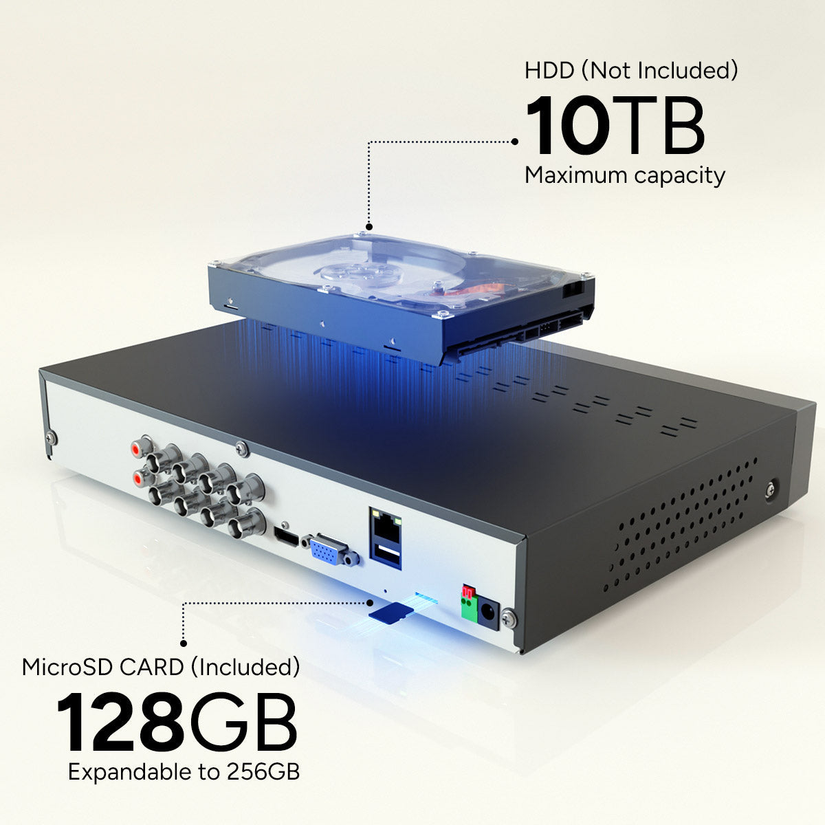 Lorex Connect T Series 1080p 8-channel DVR with a 128GB microSD card included and storage expandable to 10TB