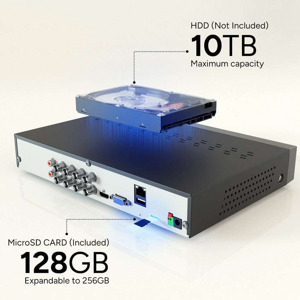 Lorex Connect T Series 1080p 8-channel DVR with a 128GB microSD card included and storage expandable to 10TB