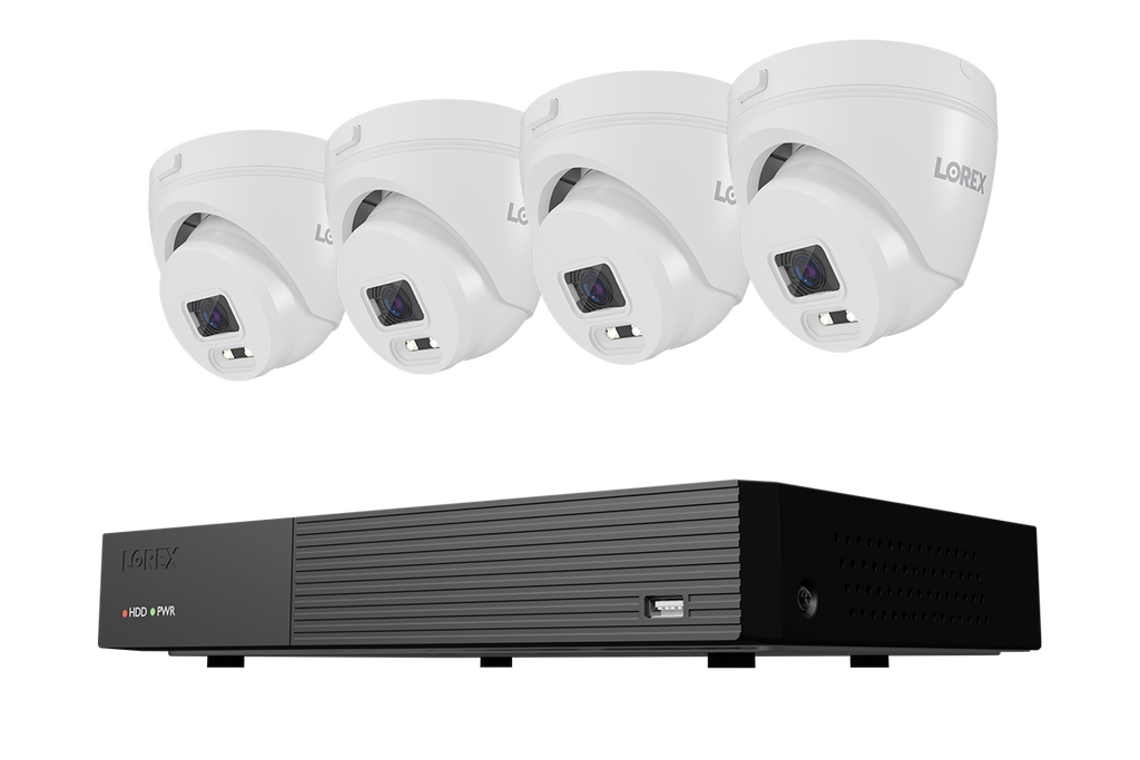 Four white Lorex T1 turret security cameras with an 8-channel DVR and 128GB storage