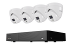 Four white Lorex T1 turret security cameras with an 8-channel DVR and 128GB storage