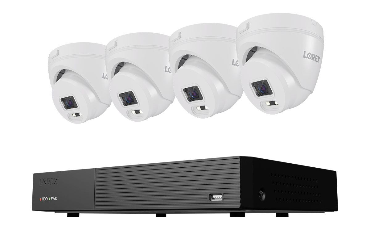 Four white Lorex T1 turret security cameras with an 8-channel DVR and 128GB storage
