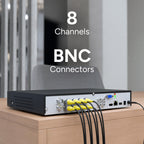 Back view of a Lorex 8-channel DVR with BNC connectors and yellow cables plugged in