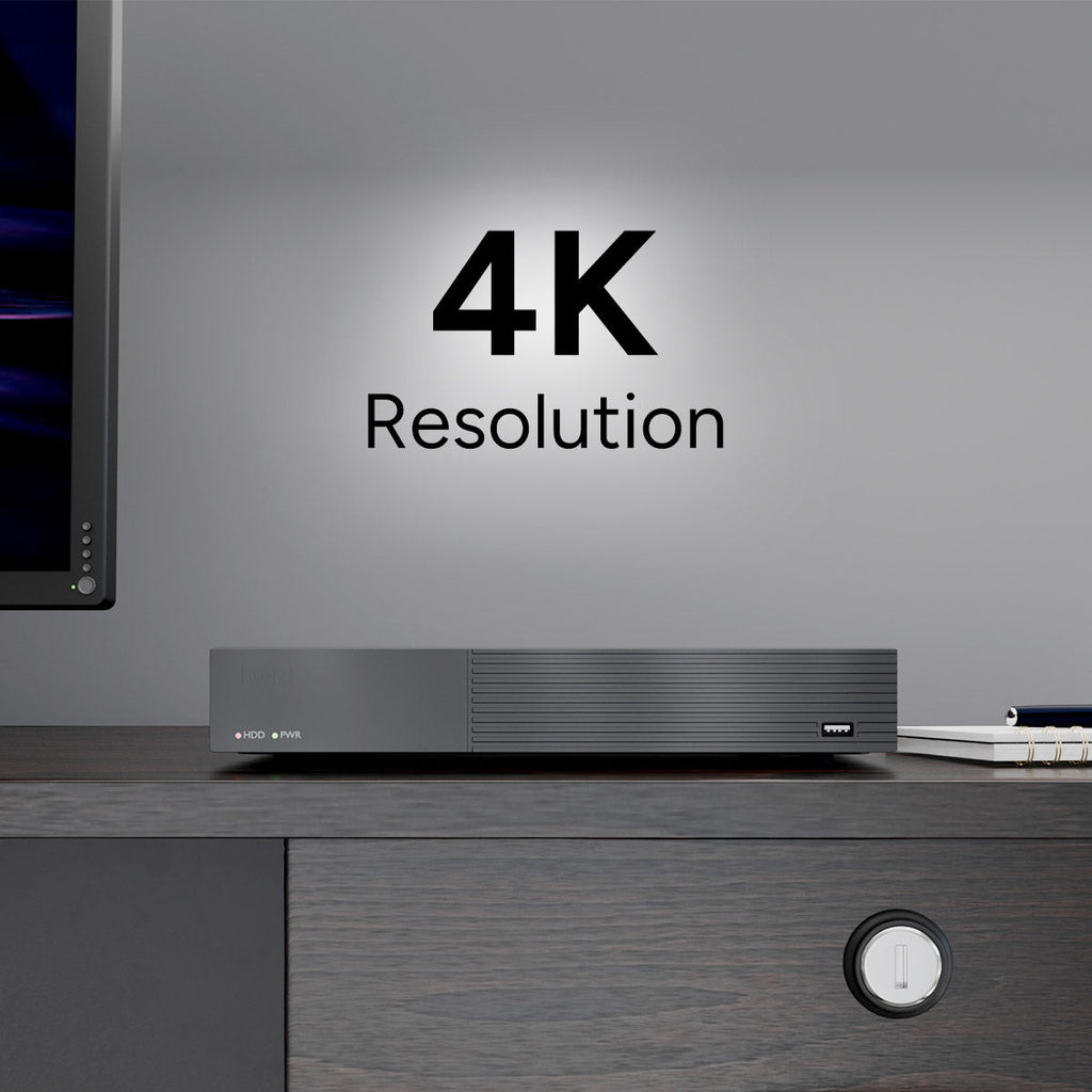Lorex DVR on a desk with a large 4K Resolution graphic in the background