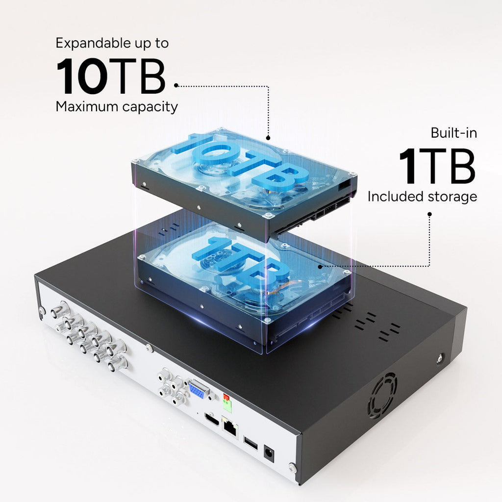 Lorex Connect T Series 4K 8-channel DVR with two illuminated drives stacked above the unit and 1TB of built-in storage