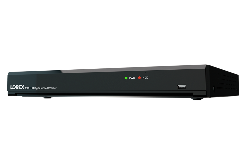 Lorex 16-channel digital video recorder front panel with green PWR and red HDD LEDs