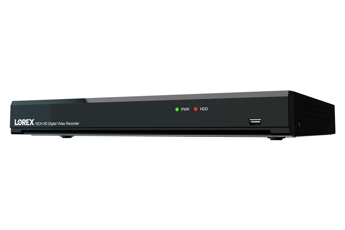 Lorex 16-channel digital video recorder front panel with green PWR and red HDD LEDs
