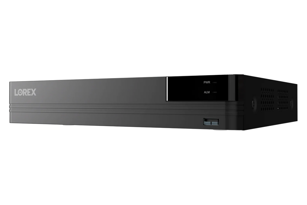 Lorex UA 4K 8-Channel PoE NVR with cables plugged into the rear panel