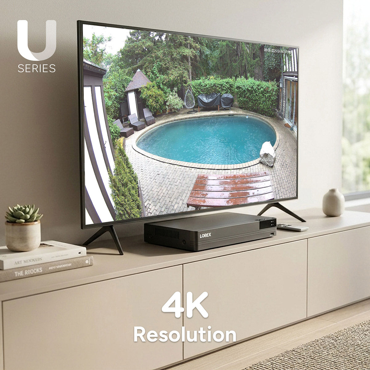 TV on a cabinet showing pool footage with U Series logo and 4K Resolution text overlay