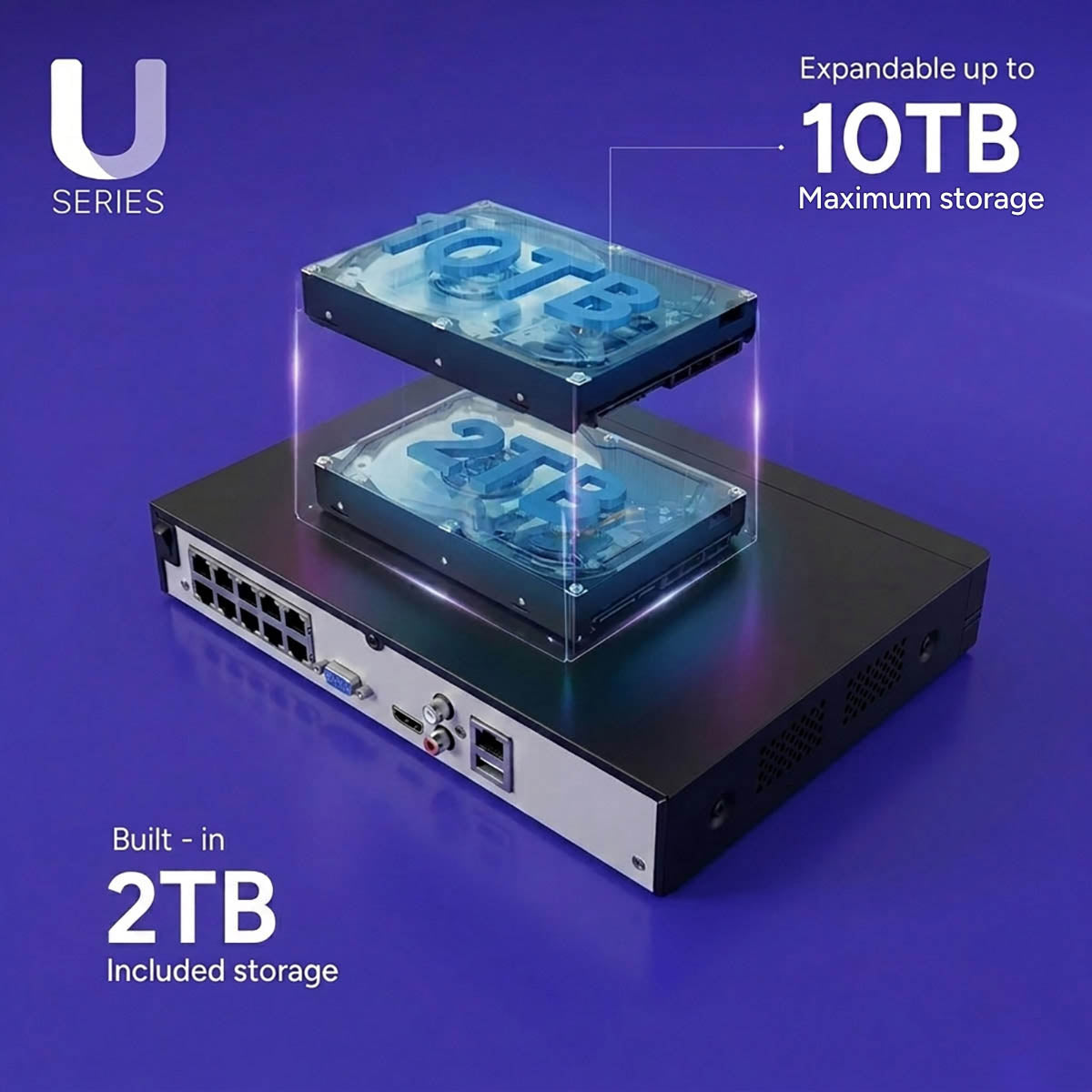 Lorex U-Series 8-channel 4K NVR with two stacked drives on a purple background, noting built in 2TB storage