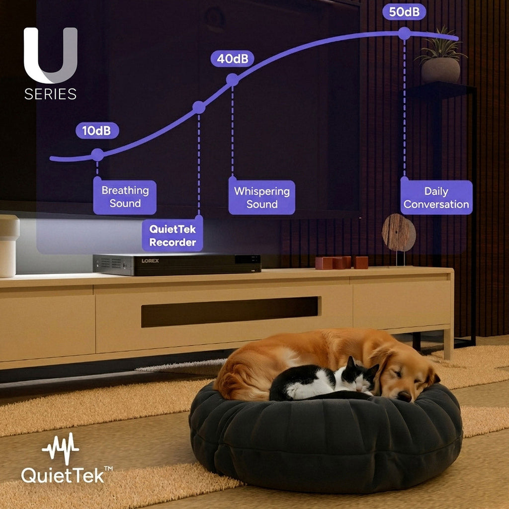 Living room with a U Series Lorex screen diagram and QuietTek Recorder, while a dog and cat nap on a round bed