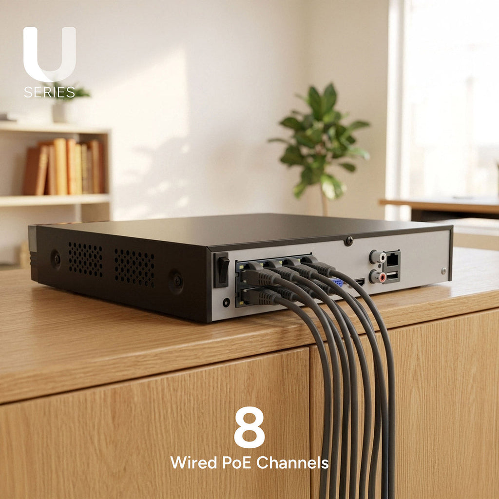Lorex U Series 8-channel 4K NVR shown on a desk with cables connected to the back panel