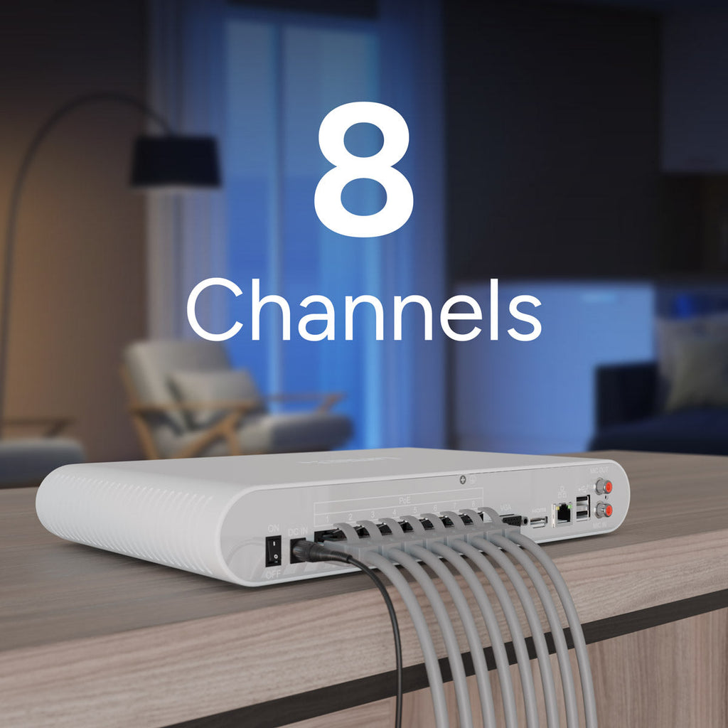 Lorex V Series 4K 8 channel wired NVR system on a desk with cables connected and an eight channels graphic in the background
