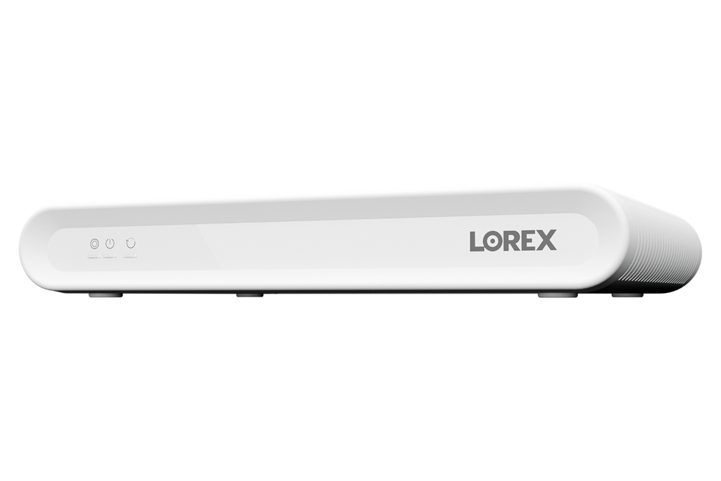 Lorex Connect VC 4K 8-channel NVR in white shown with back ports and multiple cables connected