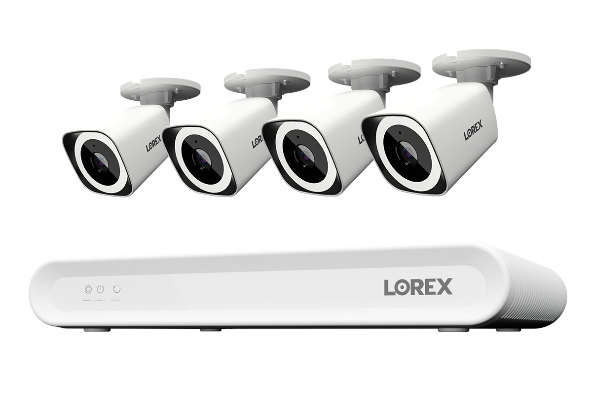 Lorex Connect V Series 8-channel NVR system with white V3 4K PoE bullet cameras, 4-camera option